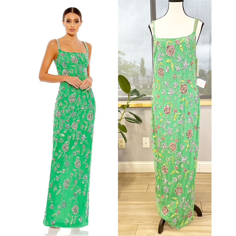 HAND BEADED FLORAL GOWN WITH BEADED SPAGHETTI STRAPS Size 6